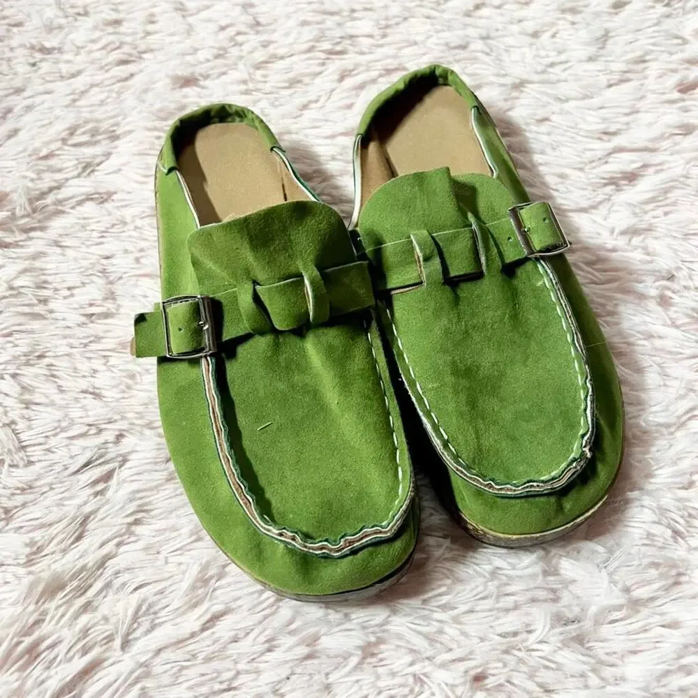 Green Lightweight Casual Statement Forest Maximalist Indie Faux Suede Slip On - Picture 2 of 4
